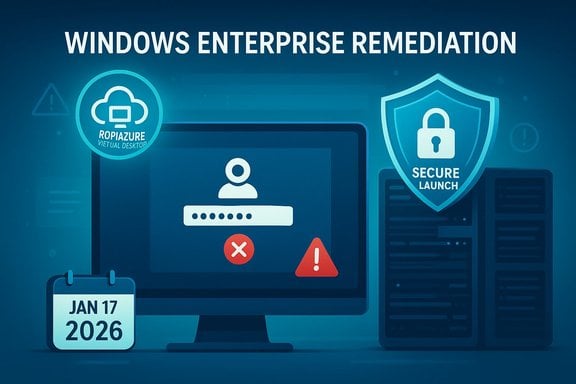 Illustration of Windows Enterprise Remediation, showing a login failure beside a secure-launch shield and Jan 17, 2026.