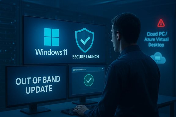 An IT professional monitors Windows 11 Secure Launch and update dashboards in a data center.
