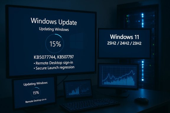 A dim data-center shows multiple screens displaying Windows Update progress and Windows 11 details.