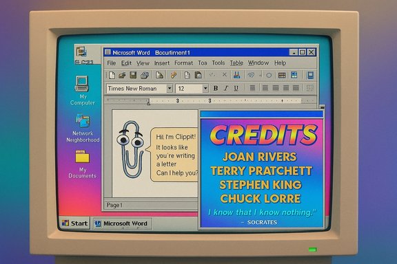 Retro Windows 95 screen showing Word with Clippit and a blue credits poster.