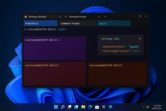 Windows Terminal with multiple panes showing PowerShell, Command Prompt, and Azure on Windows 11.