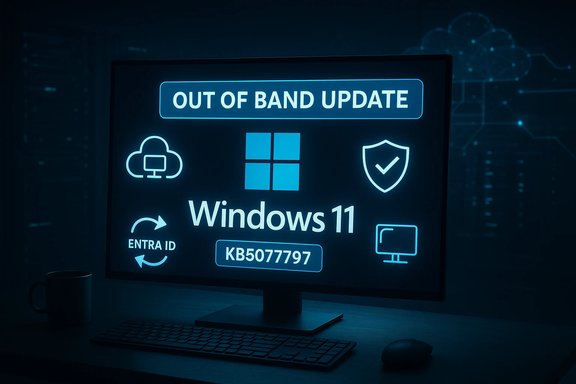 Blue-tinted monitor displays a Windows 11 'Out of Band Update' with KB5077797 and status icons.