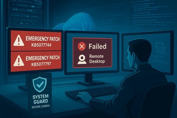 A technician monitors multiple screens showing emergency patches and a failed Remote Desktop alert.