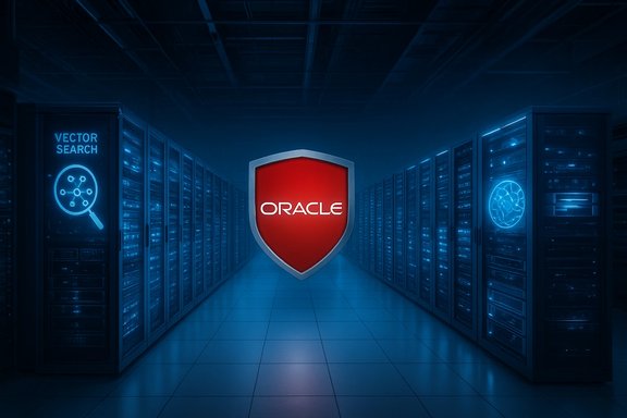 A red Oracle shield floats between blue-lit server racks in a data center.