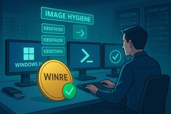 A technician in a data center monitors Windows 11 and WinRE for image hygiene.