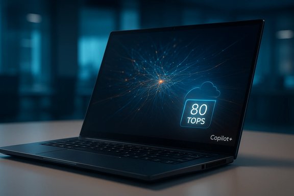 A laptop displays '80 TOPS' with a cloud icon and 'Copilot+' on a glowing blue screen.