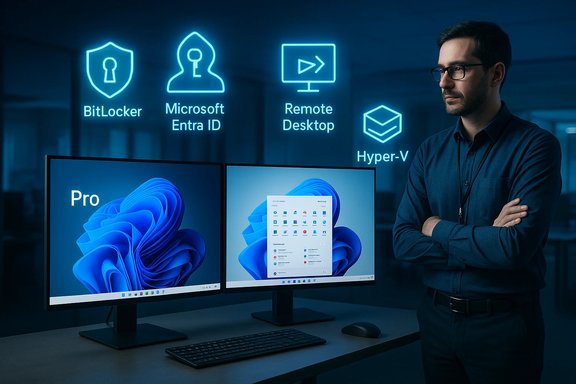 Tech professional stands beside dual monitors under neon icons for BitLocker, Entra ID, Remote Desktop, and Hyper-V.