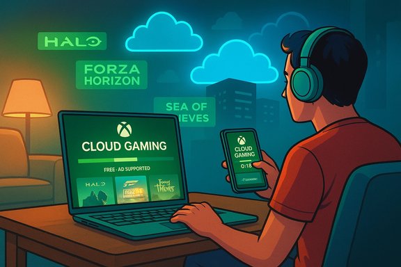 A gamer with headphones plays cloud gaming on a laptop and smartphone in a cozy living room.