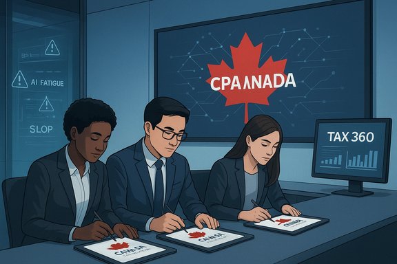 Three professionals sign Canada-themed documents beneath a large maple leaf logo on the screen.