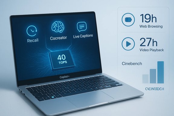 Sleek laptop shows AI features and a 40 TOPS chip, with a panel noting 19h web browsing and 27h video playback.