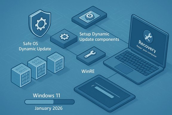 Blue isometric diagram of Windows 11 dynamic updates, WinRE, and recovery tools.