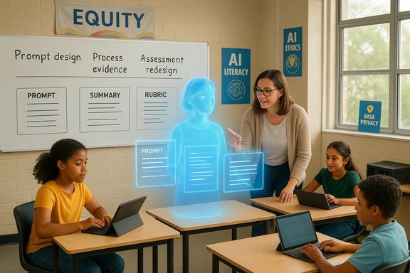 Teacher guides students as a blue holographic AI assistant presents prompts in class.
