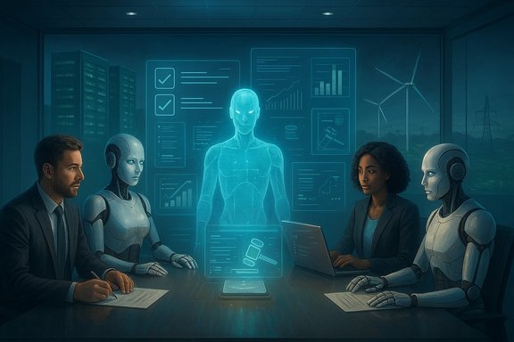 A futuristic boardroom where two humans and two humanoid robots review holographic data.