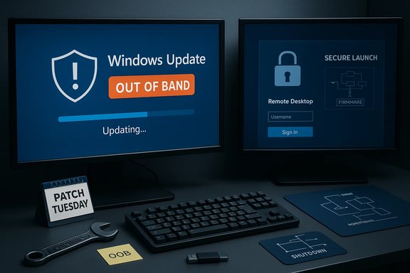 A two-monitor workstation shows Windows Update: Out of Band updating, with a Secure Launch login on the right.