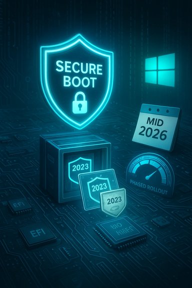 Blue neon Secure Boot shield with a padlock on a circuit-board backdrop.