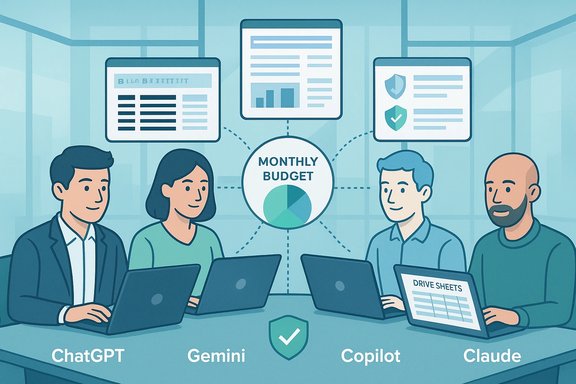 Four professionals collaborate on a monthly budget using AI tools ChatGPT, Gemini, Copilot and Claude.