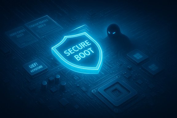A glowing Secure Boot shield sits on a circuit board, guarded by a hooded silhouette. A glowing Secure Boot shield sits on a circuit board, guarded by a hooded silhouette.