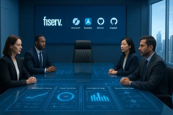 Four professionals sit around a blue holographic conference table in a high-tech boardroom.