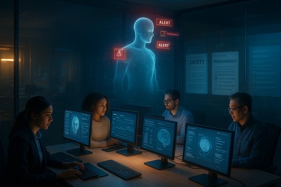 Four analysts monitor brain scans on screens in a dim lab, with a blue holographic silhouette and red alert signs.