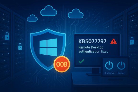 Blue security illustration showing a Windows shield, an OOB badge, and a monitor with remote desktop authentication fixed.