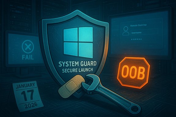 Windows shield labeled 'System Guard Secure Launch' with a wrench and patch beside a FAIL sign.