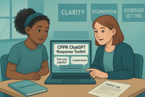 Two people review the CPPR ChatGPT Response Toolkit on a laptop.