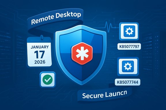 Blue cybersecurity illustration featuring a shield, Remote Desktop banner, and Secure Launch motto.