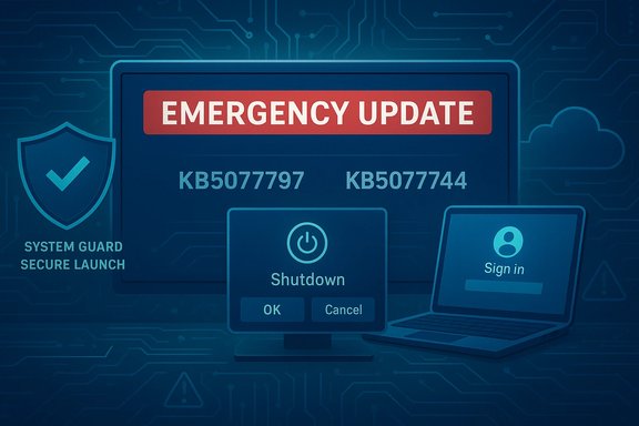 Emergency update banner on a tech screen with shutdown and sign-in prompts in a cybersecurity scene.