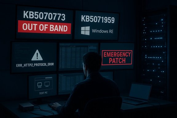 A technician monitors a bank of screens showing outages, errors, and an emergency patch.