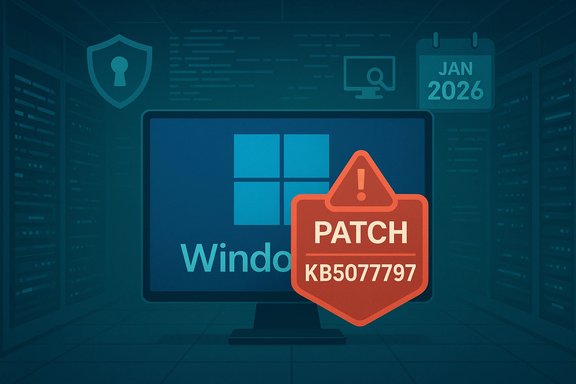 Windows patch KB5077797 warning shown on a monitor in a data center.