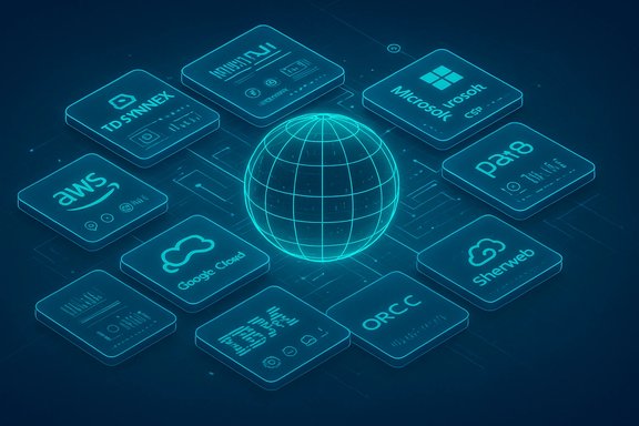 Neon blue globe at the center, surrounded by cloud-provider tiles.