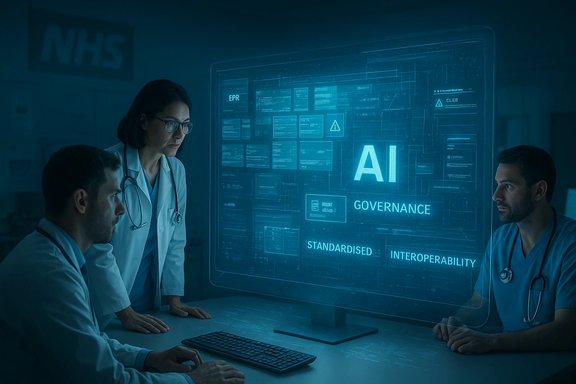 Doctors study an NHS AI governance dashboard on a blue holographic screen.