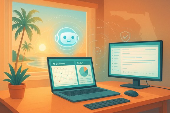 Sunny home office with a laptop and large monitor, holographic AI avatar, and a beach sunset view.