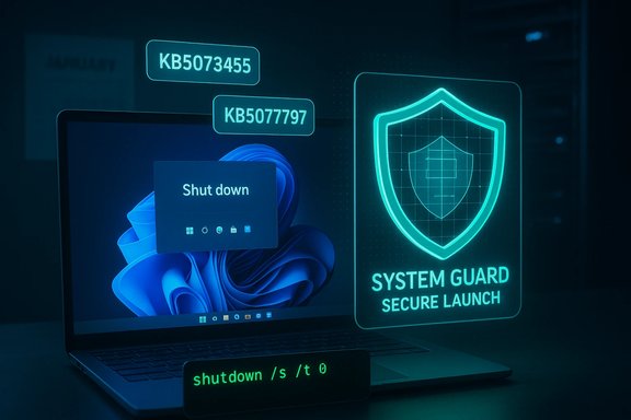 Futuristic holographic UI overlays a laptop with shut-down text and a System Guard shield.