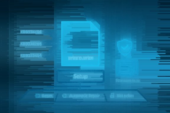 Blue holographic diagram of Windows recovery environment with winre.wim, Setup and repair options.