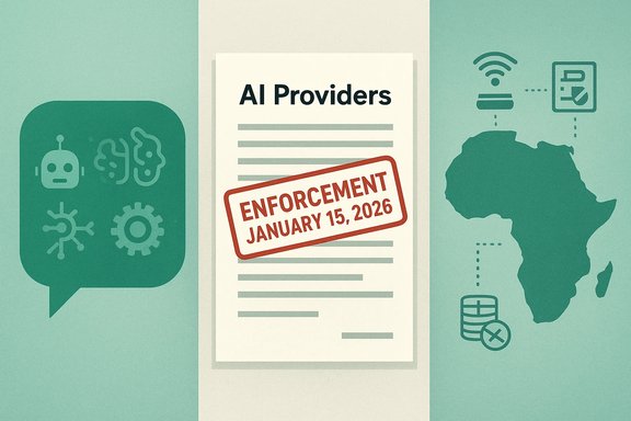 Enforcement notice for AI providers shown on a policy document, with tech icons and Africa map.
