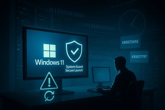 A person at a blue-lit desk monitors Windows 11 System Guard Secure Launch on a computer.