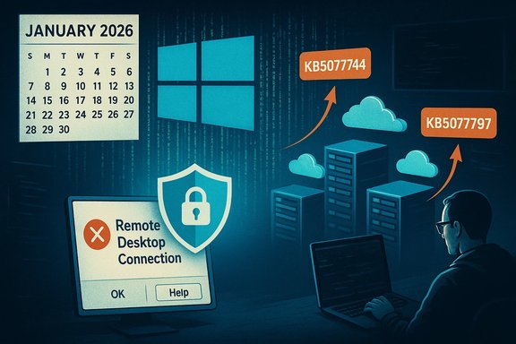 IT security scene: Windows Remote Desktop error amid cloud servers and KB update IDs.