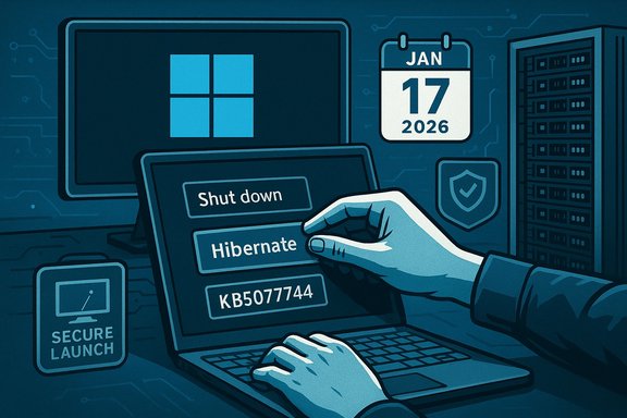 A hand selects 'Hibernate' on a Windows laptop in a high-tech server room.