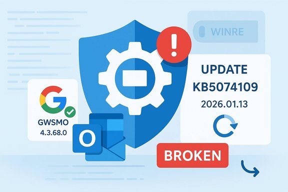 A blue security shield with a gear icon and update notices, plus a red broken status badge.