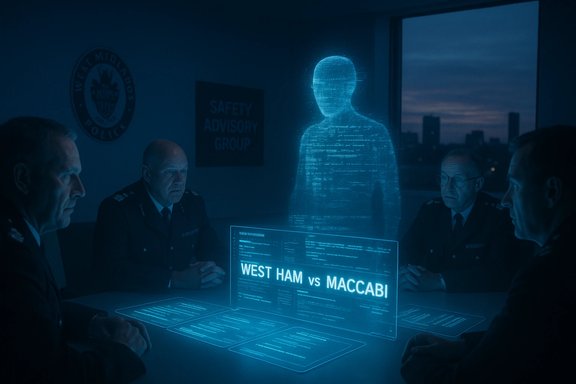 Police officers view a blue holographic display showing West Ham vs Maccabi in a briefing room.