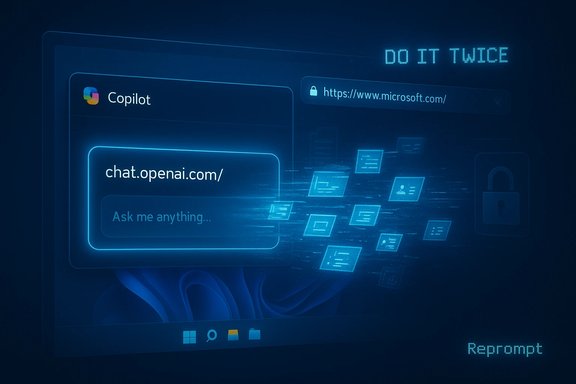 Blue neon holographic UI featuring Copilot chat and a Microsoft URL.