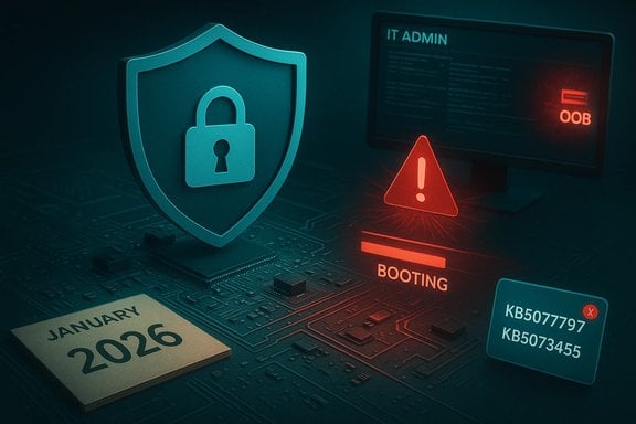 Cybersecurity scene with a shielded lock on a motherboard and a booting warning near the IT admin monitor.