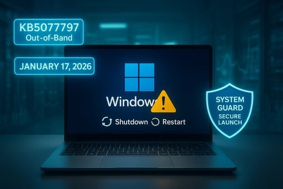 Laptop displays a Windows warning with an exclamation icon, out-of-band notice, and a security shield.