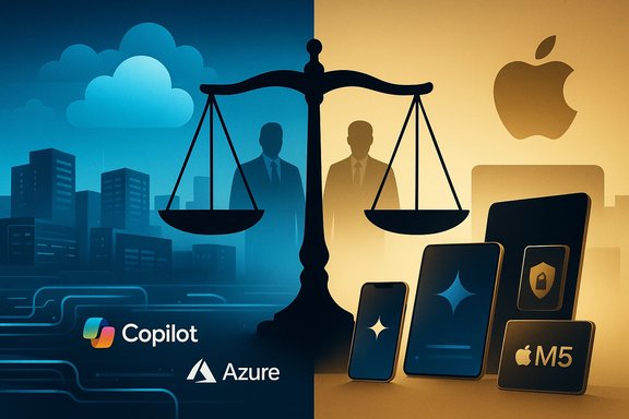 Split scene of justice scales between blue cloud/AI (Copilot, Azure) and Apple devices on the gold side.
