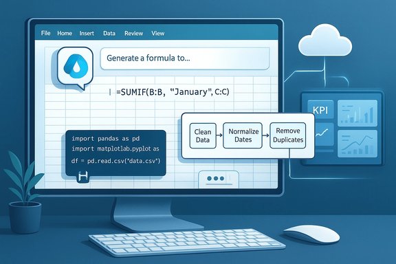 A computer monitor displays data-cleaning workflow with Python code and a KPI dashboard.