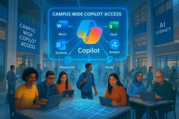Students at a campus hub access Copilot-powered tools like Word, Excel, and Outlook via a holographic display. Students at a campus hub access Copilot-powered tools like Word, Excel, and Outlook via a holographic display.