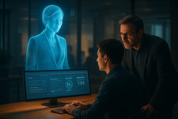 A man at a computer watches a blue holographic woman, as a colleague leans in.