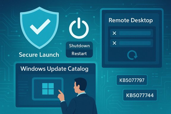 Tech security dashboard featuring Secure Launch, shutdown/restart, Windows Update Catalog, and Remote Desktop.