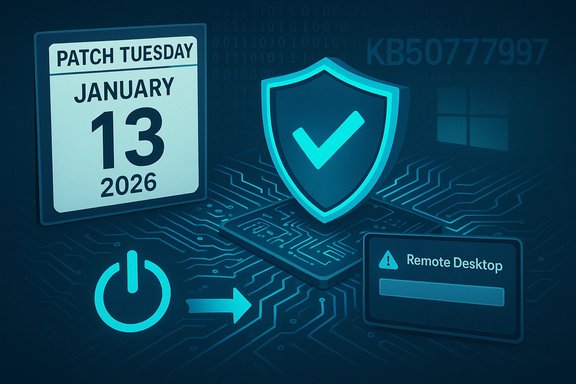 Patch Tuesday on January 13, 2026, featuring a security shield and remote desktop warning.